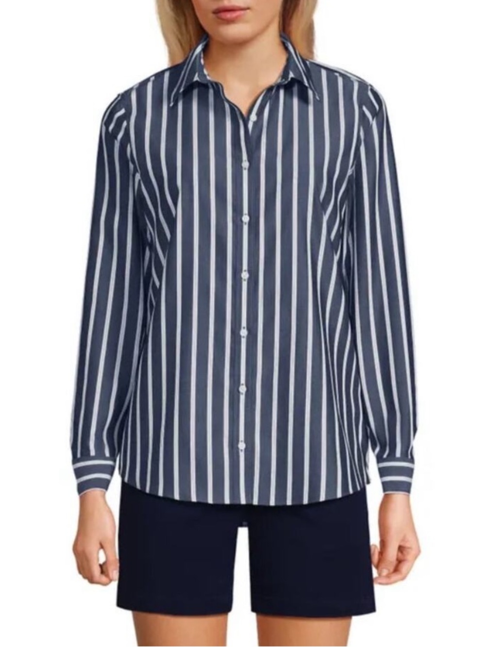 Lands' End Navy and White Vertical Stripe 100% Linen Button-Down Shirt Sz XL